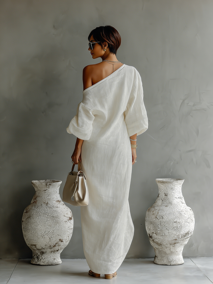 vestido elegante Fluttuante de algodón-lino blanco marfil para mujer con Hombro descubierto MDA3032K4T