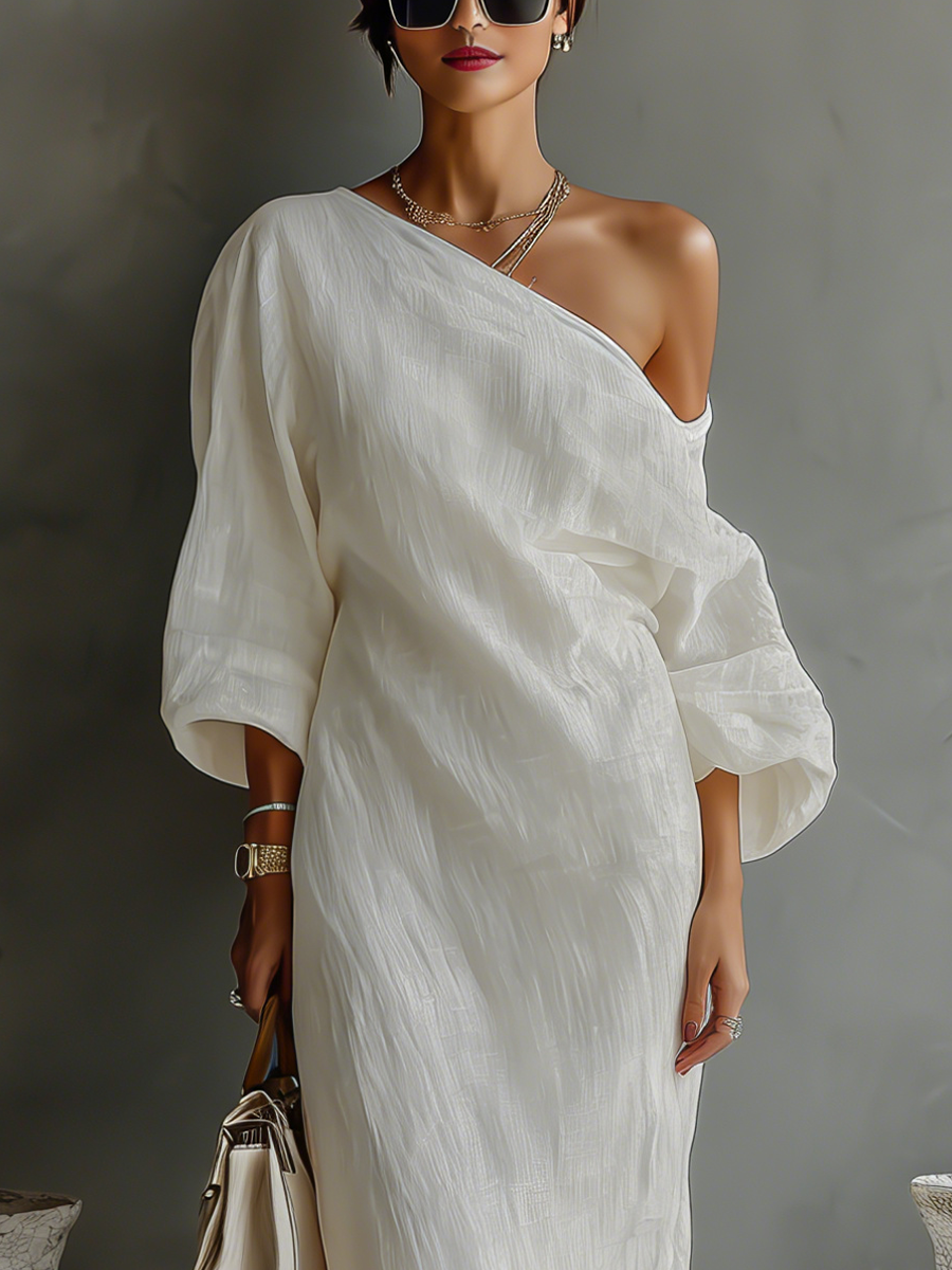 vestido elegante Fluttuante de algodón-lino blanco marfil para mujer con Hombro descubierto MDA3032K4T