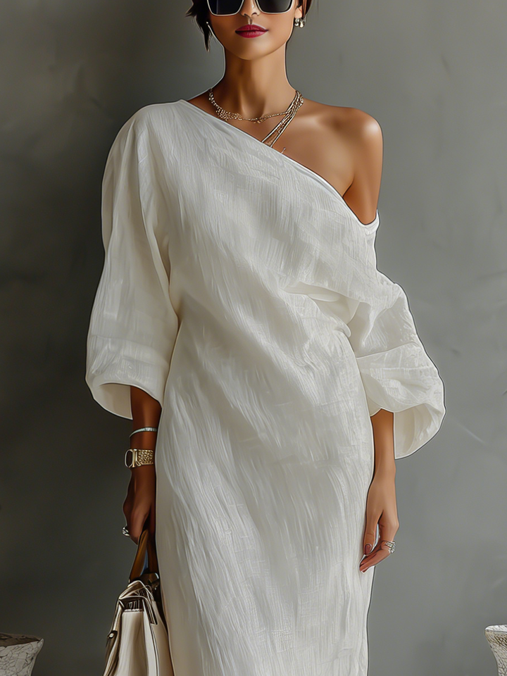 vestido elegante Fluttuante de algodón-lino blanco marfil para mujer con Hombro descubierto MDA3032K4T
