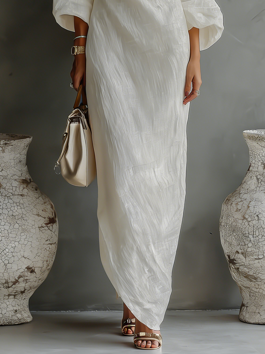 vestido elegante Fluttuante de algodón-lino blanco marfil para mujer con Hombro descubierto MDA3032K4T