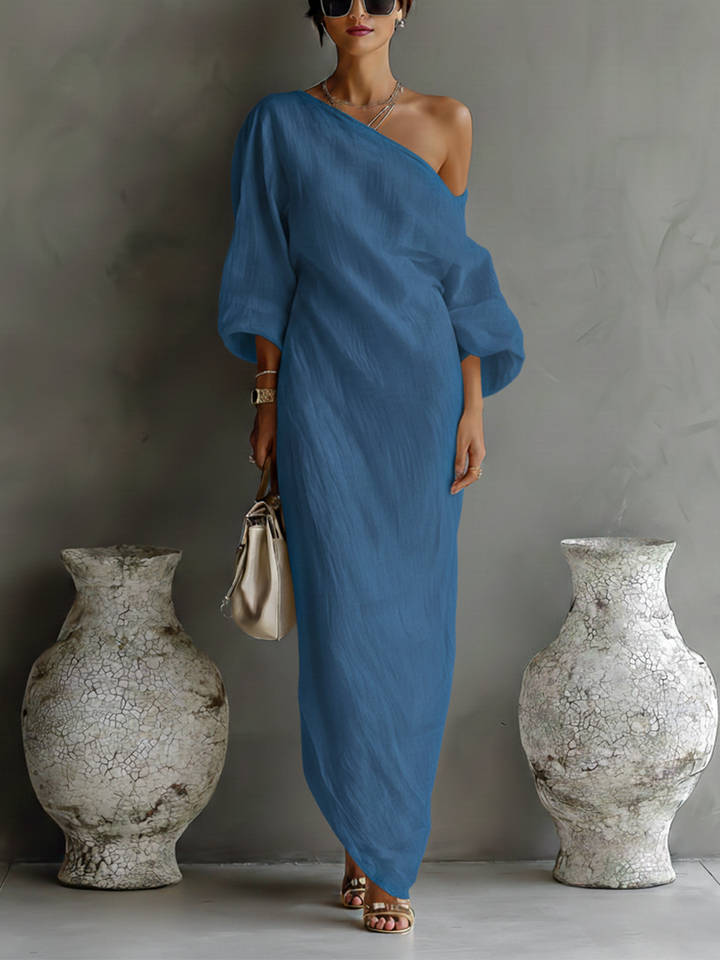 vestido elegante Fluttuante de algodón-lino blanco marfil para mujer con Hombro descubierto MDA3032K4T