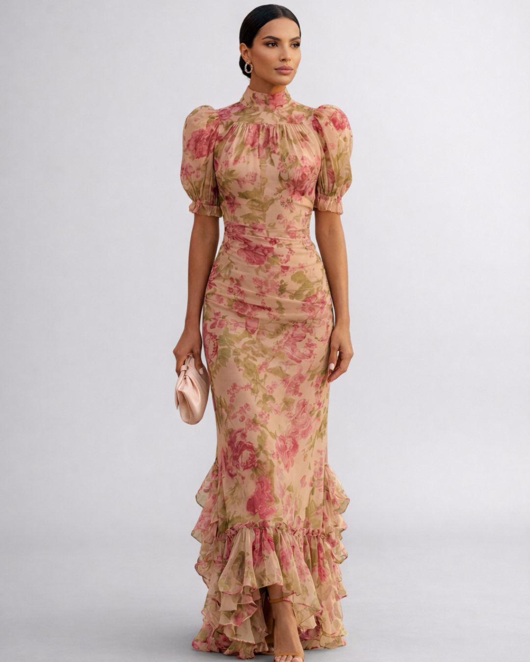 Rosario | vestido Lungo floral de gasa con Cuello alto