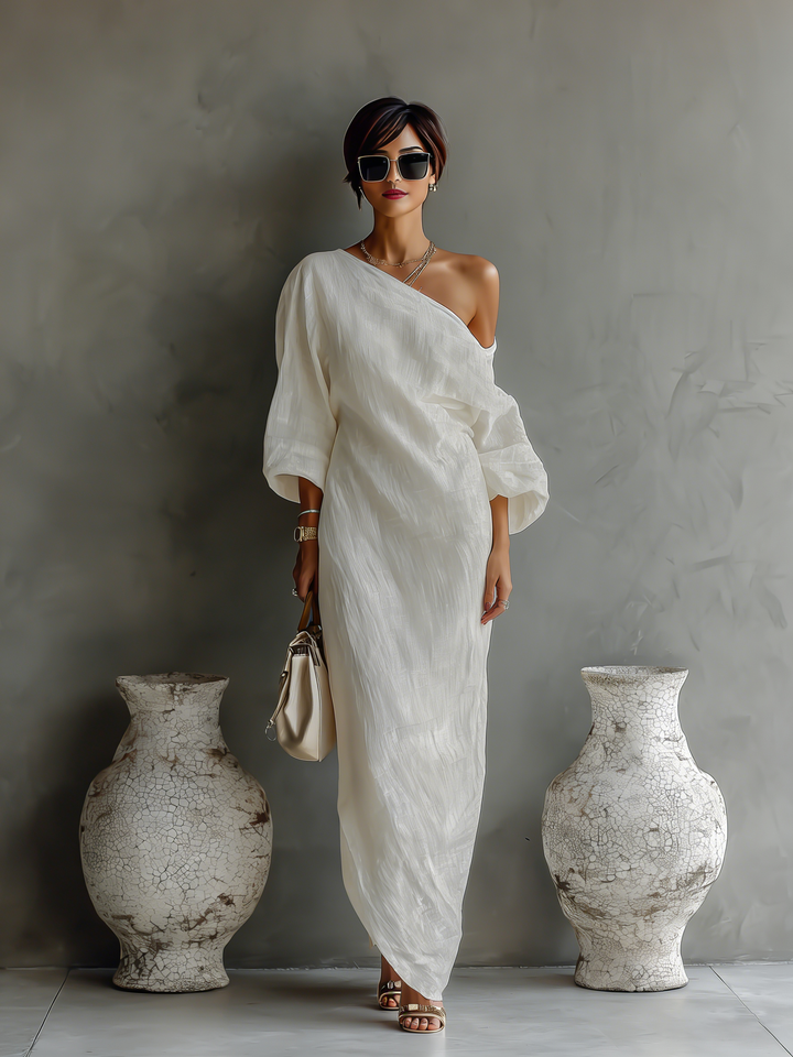 vestido elegante Fluttuante de algodón-lino blanco marfil para mujer con Hombro descubierto MDA3032K4T