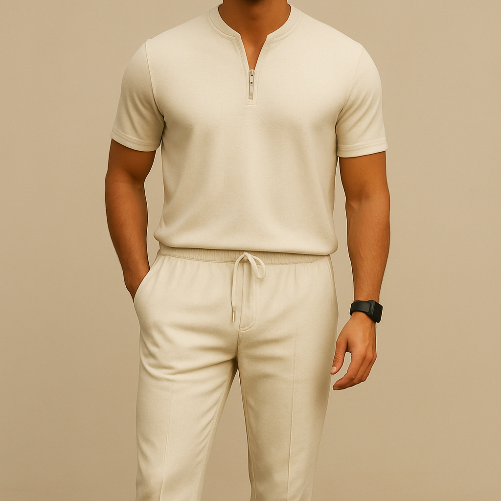 Conjunto veraniego con cuello waffle y cremallera para hombre
