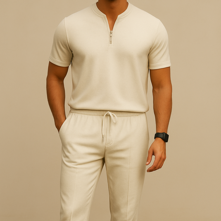Conjunto veraniego con cuello waffle y cremallera para hombre