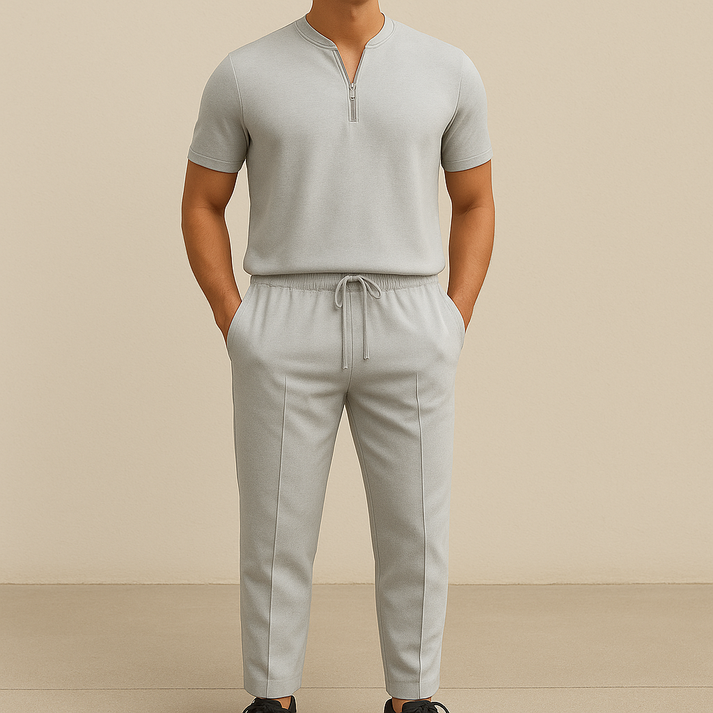 Conjunto veraniego con cuello waffle y cremallera para hombre