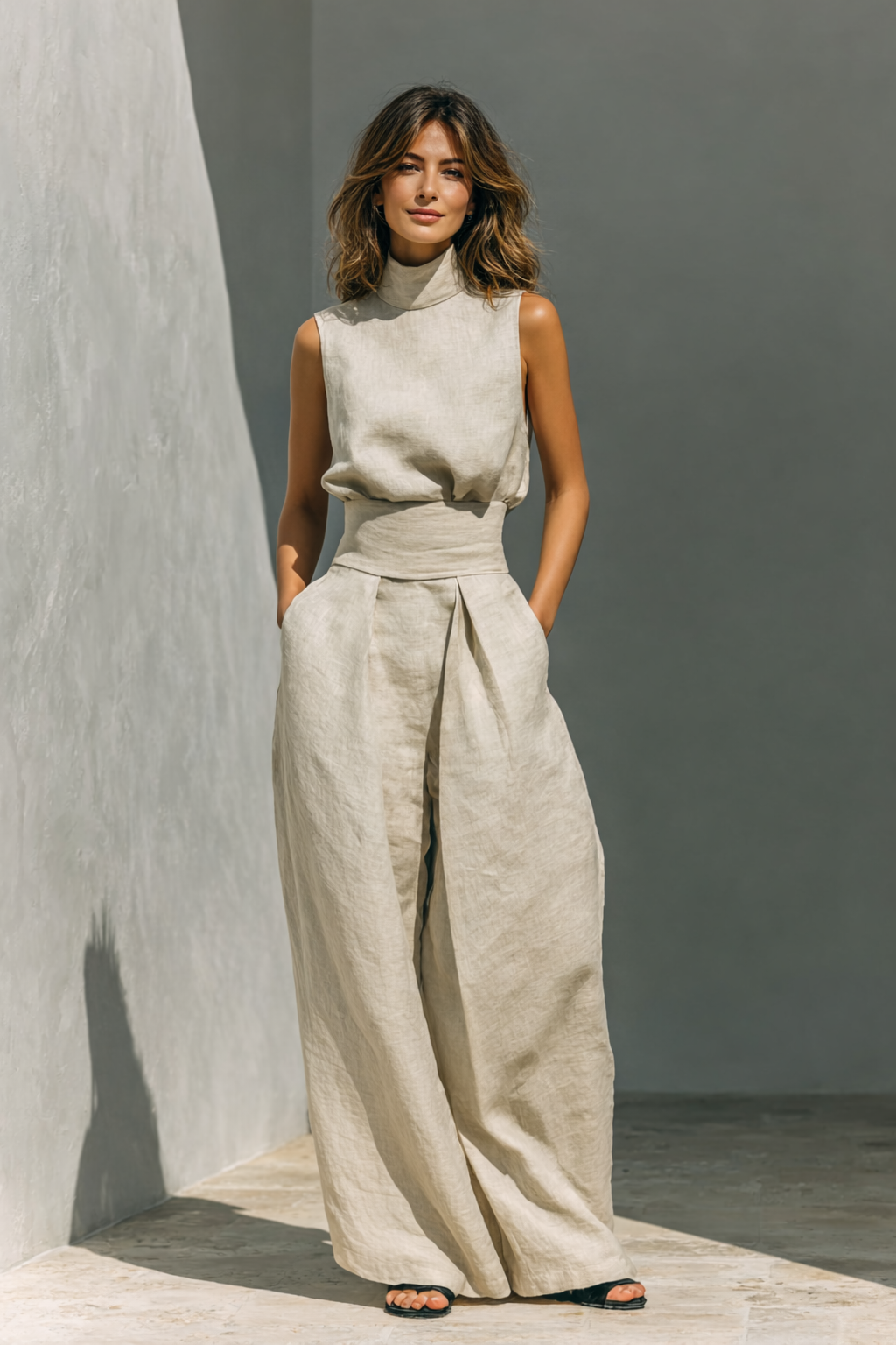 Maria | conjunto de camiseta de tirantes e pantalones anchos de algodón y lino minimalista para mujer