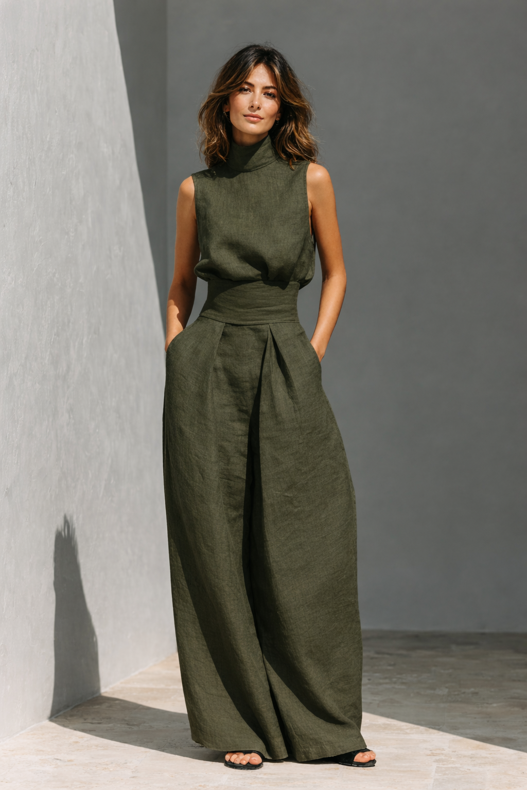 Maria | conjunto de camiseta de tirantes e pantalones anchos de algodón y lino minimalista para mujer