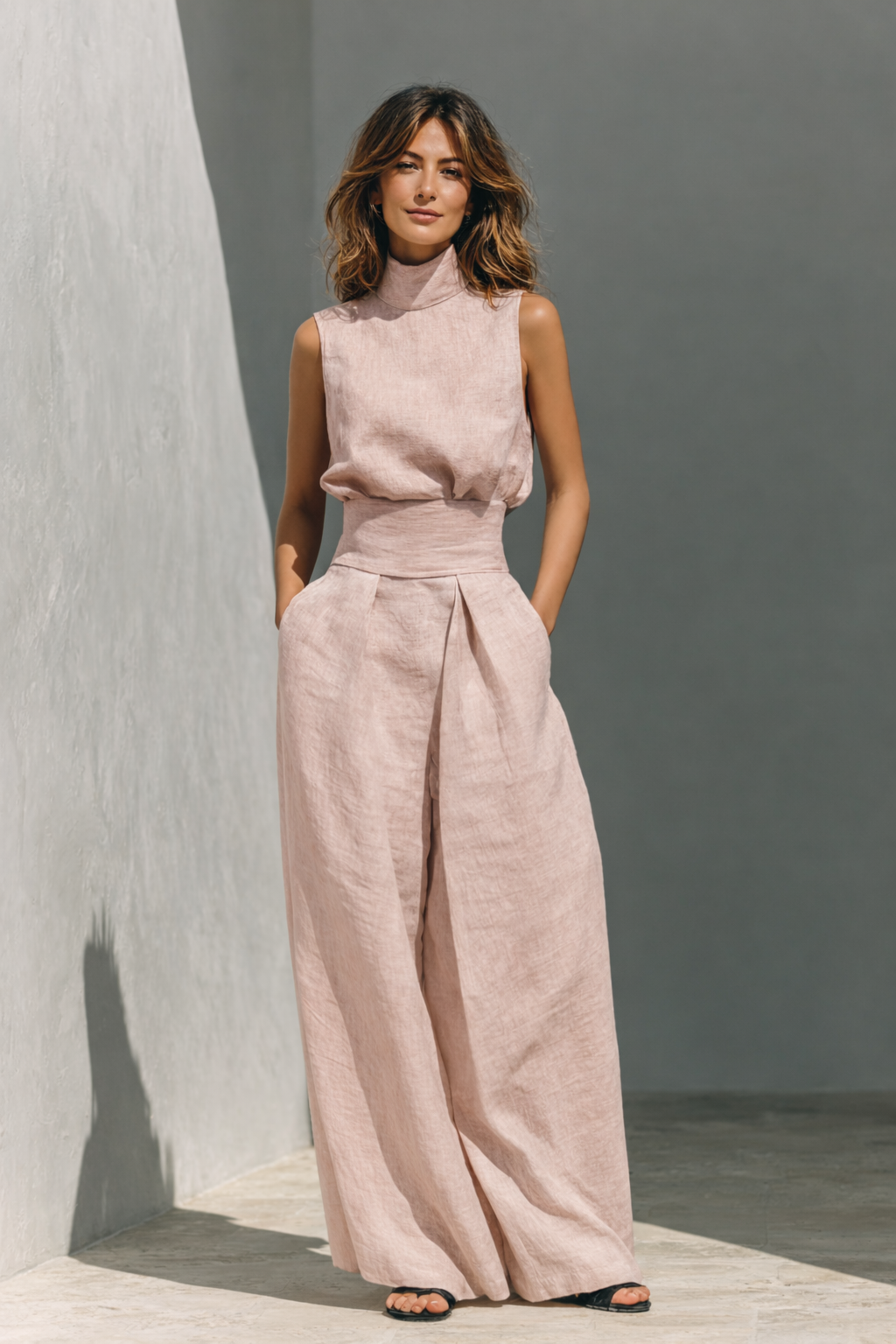Maria | conjunto de camiseta de tirantes e pantalones anchos de algodón y lino minimalista para mujer