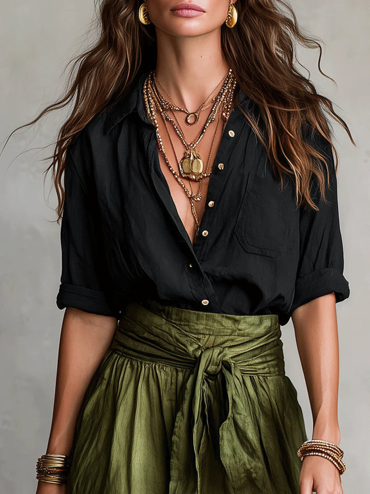 Vera – conjunto de dos piezas: camiseta negra e falda midi verde oliva