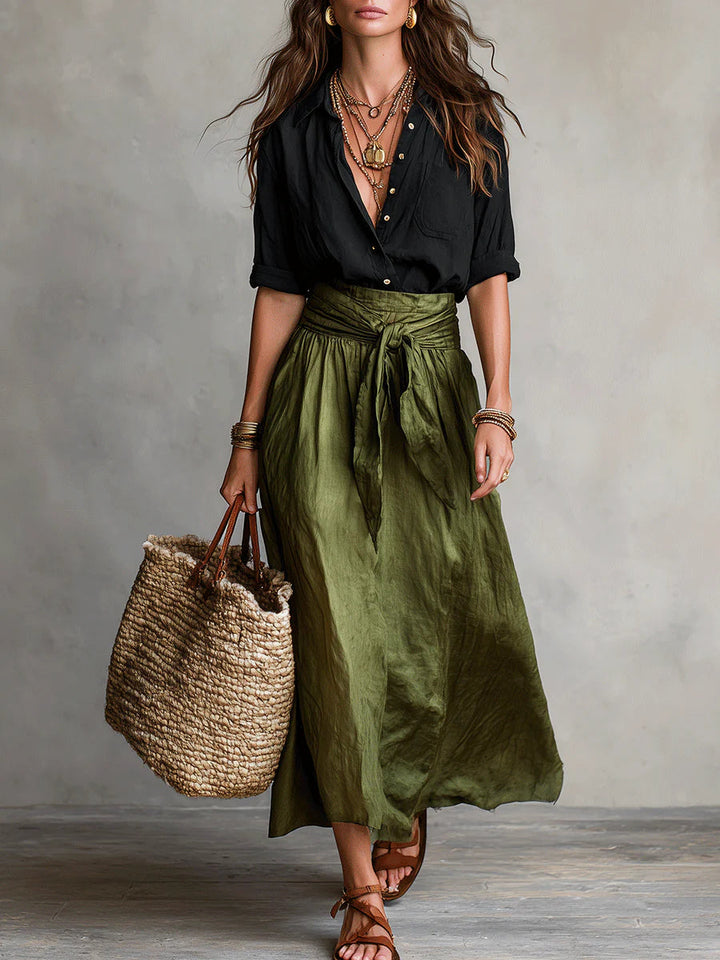 Vera – conjunto de dos piezas: camiseta negra e falda midi verde oliva