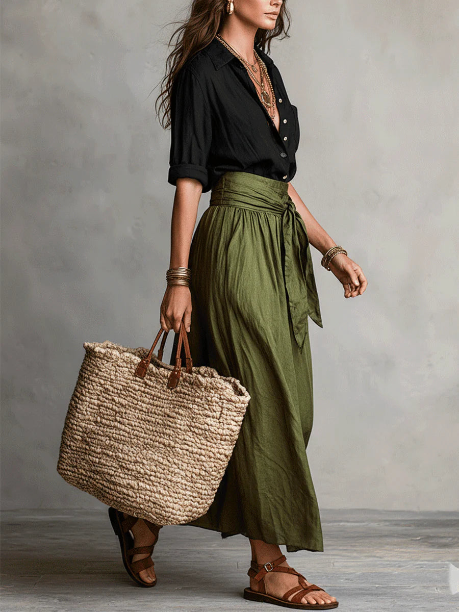 Vera – conjunto de dos piezas: camiseta negra e falda midi verde oliva