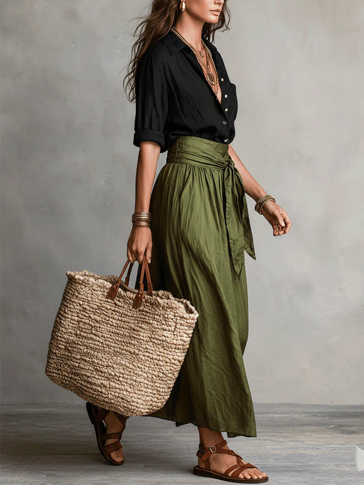 Vera – conjunto de dos piezas: camiseta negra e falda midi verde oliva
