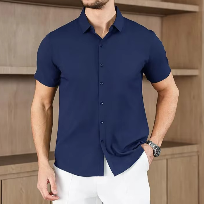 Camisa business casual lisa de manga corta para hombre