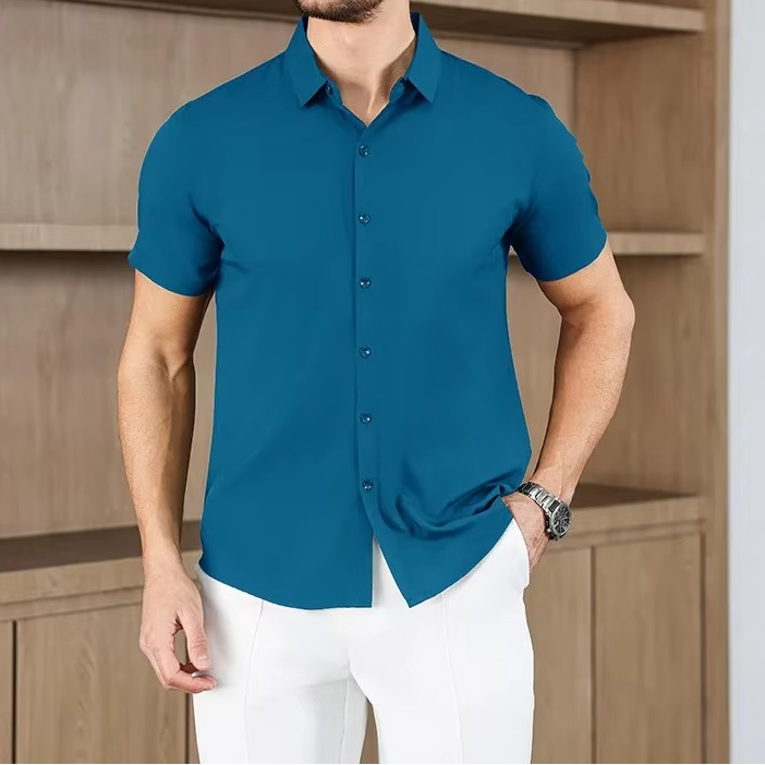 Camisa business casual lisa de manga corta para hombre