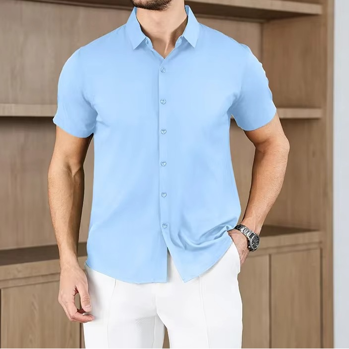 Camisa business casual lisa de manga corta para hombre