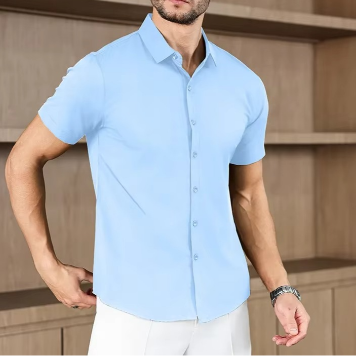 Camisa business casual lisa de manga corta para hombre