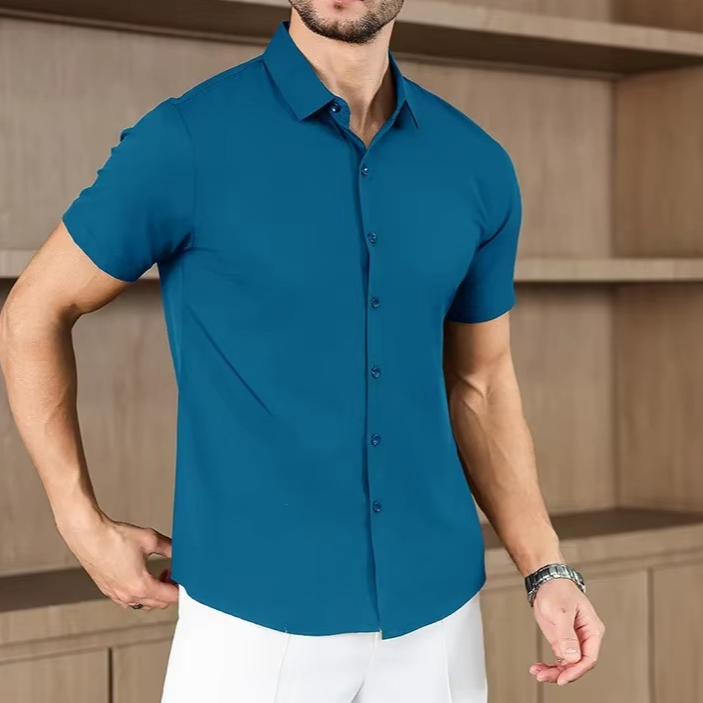 Camisa business casual lisa de manga corta para hombre