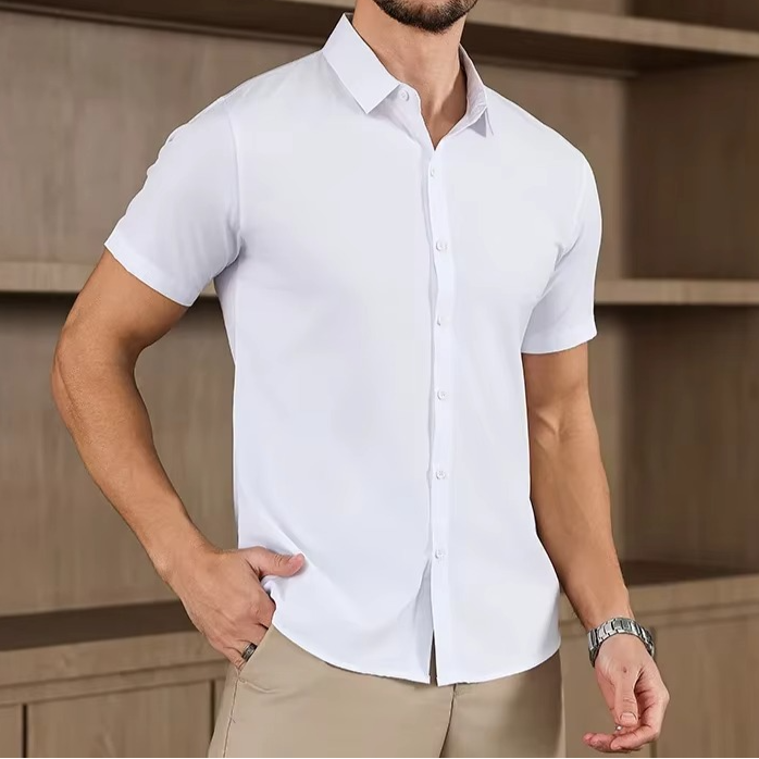 Camisa business casual lisa de manga corta para hombre