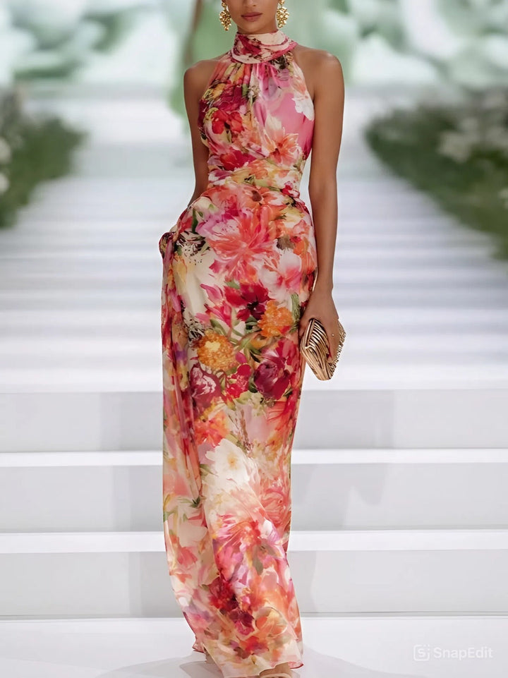 Isabella · Vestido largo halter floral rojo