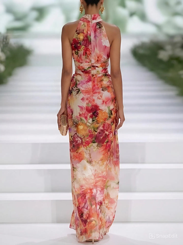 Isabella · Vestido largo halter floral rojo