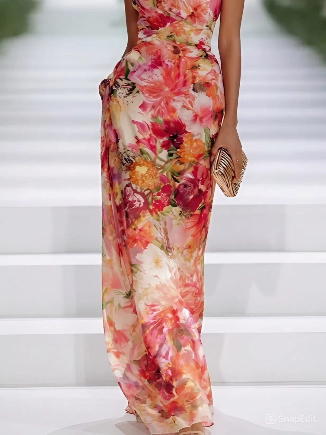Isabella · Vestido largo halter floral rojo